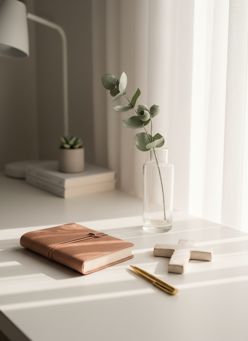 A finely crafted leather journal in a muted blush tone lies closed beside a simple ceramic cross and a slim gold pen on a smooth white desk. A single eucalyptus branch in a clear glass vase adds a touch of organic elegance. Soft afternoon daylight filters through sheer curtains, creating gentle, elongated shadows and a calm, contemplative glow. Captured from a slightly elevated angle with the journal positioned on the rule of thirds, the background falls softly out of focus, hinting at a tidy, modern workspace. The mood is disciplined yet peaceful, emphasizing intentional spiritual growth. The photographic style is clean, sophisticated, and minimal, with subtle warm highlights on the pen and cross.